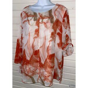 Chicos Sz 2 (LARGE) Coral Orange Floral Knit Tunic w/ Poly Chiffon Overlay EUC